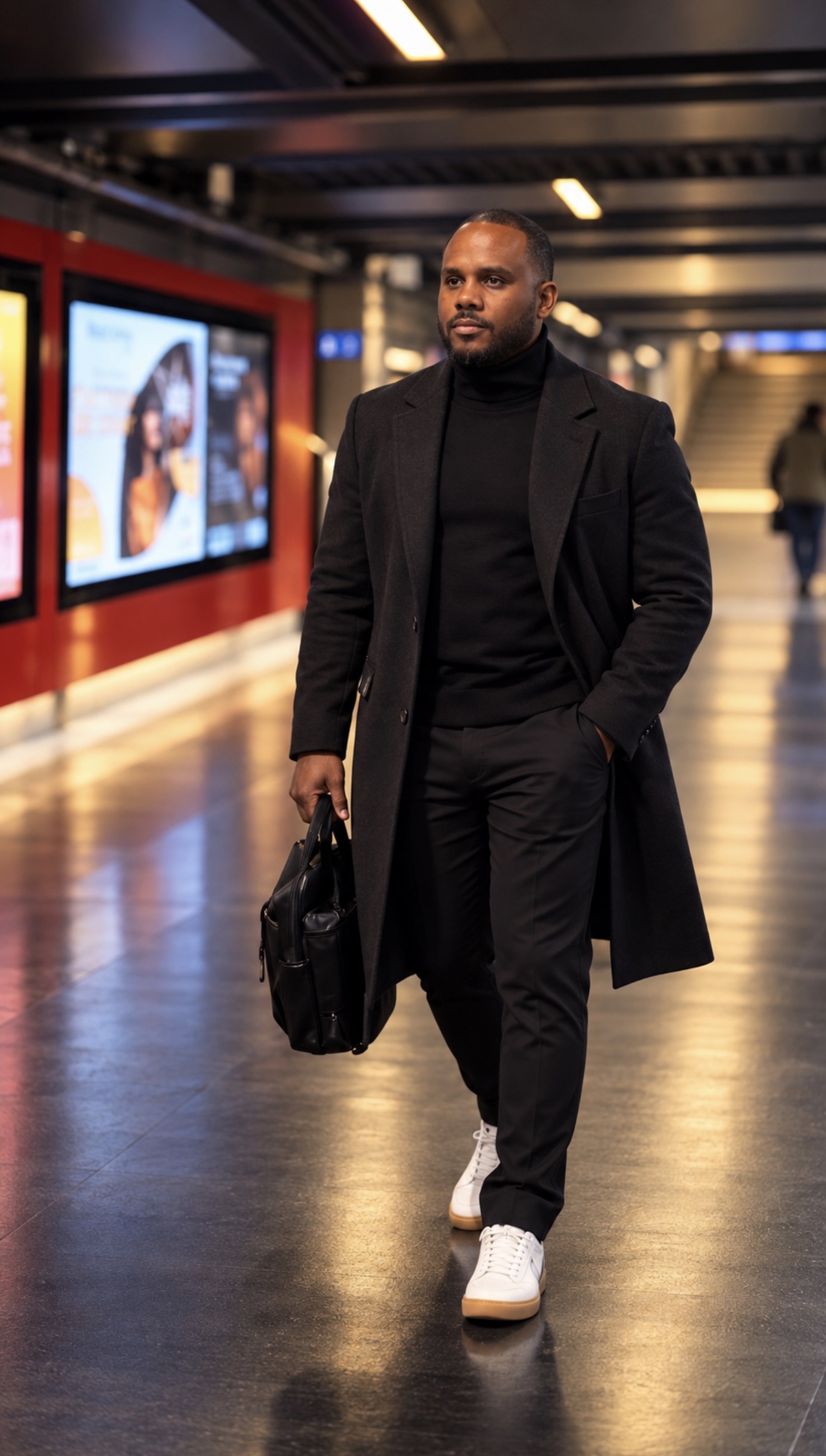 David Lamar crossing a rail station concourse in a long black coat