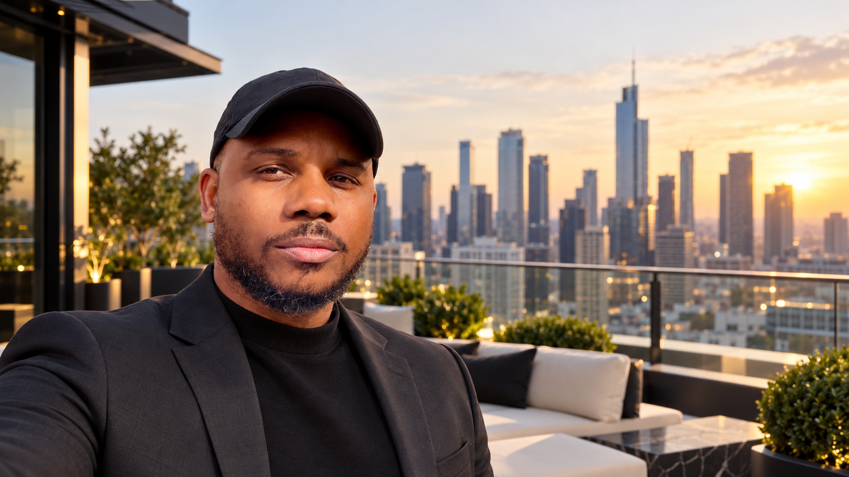 David Lamar on a terrace overlooking a city skyline
